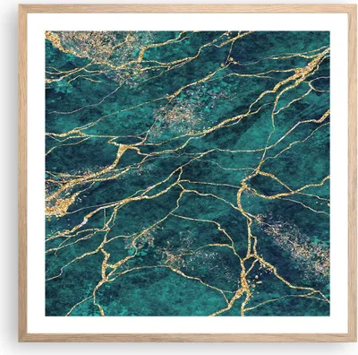 Produktbild von Gerahmtes Poster - Rahmen in heller Eiche - Abstraktion Gold Türkis - 60x60 cm - Wand Bild - Wanddeko - Wandbilder - Kunstposter - Wandposter - Bilderrahmen - Bilder - Kunstdruck - P2NAC60x60-4564