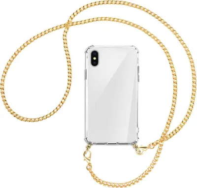 Produktbild von Handykette Backcover-Schutzhülle mit Band (Metall goldfarben) für Apple iPhone X / XS / 10 - goldfarbene Kette