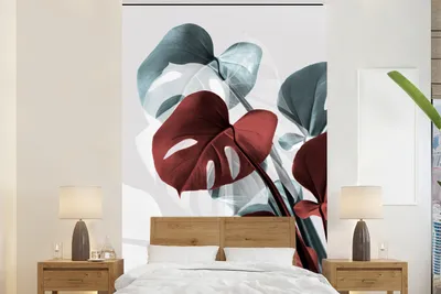 Produktbild von MuchoWow® Fototapete für Wohnzimmer oder Schlafzimmer Wandtapete Vinyl Motivtapete Monstera - Rot - Pastell - Stilleben - 145x220 cm - Wanddekoration