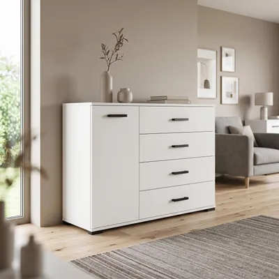 Produktbild von Masseno Kommode ALBANO 120 cm Sideboard mit 4 Schubladen und 1 Türen für Wohnzimmer Schlafzimmer Modern 120x40x83 cm Weiß