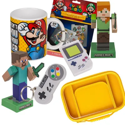 Produktbild von Nintendo meets Minecraft Geschenkset – Super Mario Becher, Minecraft Figuren, Schlüsselanhänger & Switch 2 Case Gelb – Gamer Bundle für Fans
