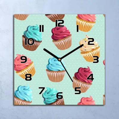 Produktbild von Wanduhr Echt-Glas-Küchenuhr Muffins blau rosa Quarz Lautlos 30x30 Deko Bilder
