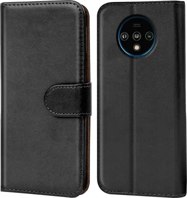 A black flip case for a smartphone is shown from the front and back.