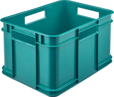 A teal plastic storage box with handles.