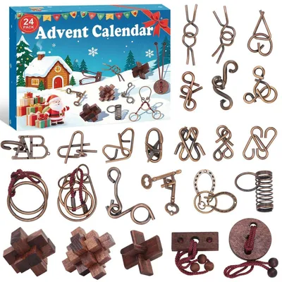 Produktbild von Adventskalender 2026 Knobelspiele 24 Holz- & Metallpuzzles für Kinder & Erwachsene