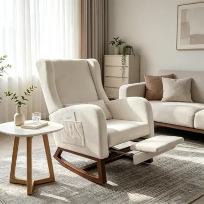 Immagine prodotto di Poltrona a dondolo INONEFT, poltrona relax con poggiapiedi, poltrona a dondolo per soggiorno con schienale alto, color beige