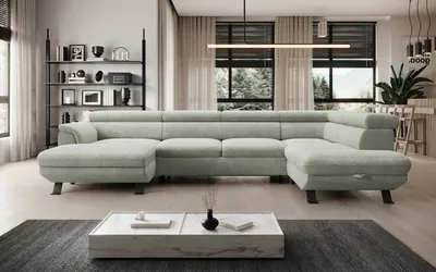 Zdjęcie produktu dla DomoHome ECKSOFA RAVEN XL - Narożnik z funkcją spania z wysuwanym łóżkiem, regulowane zagłówki, pojemnik na pościel, duża sofa 334x198x162 cm prawa strona piasek