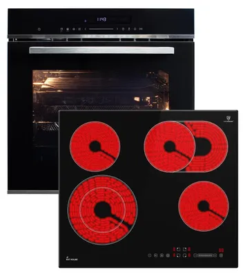 A black built-in oven and a black ceramic hob with four red heating elements are shown side-by-side against a black background.