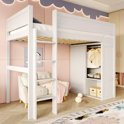 Produktbild von 90*200cm Hochbett, vielseitiges Kinderbett, ausgestattet mit Kleiderschrank, Staufach, offener Unterbettraum, ohne Matratze, Kiefernholz, weiß