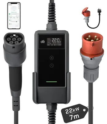 Immagine prodotto di Wallbox portatile per auto elettriche - Caricatore per veicoli elettrici - 22 kW - Trifase - 32 A - Controllo tramite app Wi-Fi - Cavo da 7 metri - Tipo 2
