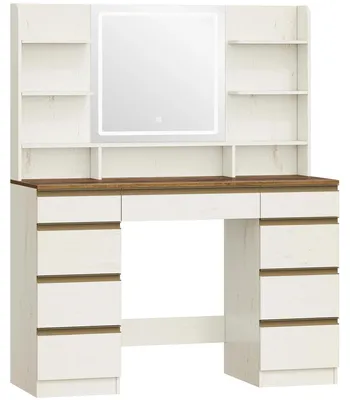 Image de Grande coiffeuse - Coiffeuse avec éclairage LED - 3 couleurs de lumière réglables - Miroir - 9 tiroirs - 9 étagères ouvertes - Blanc
