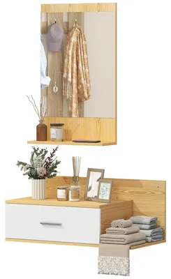 Image de Meuble mural pour l'entrée - Meuble d'entrée - Miroir - Tiroir - 2 étagères ouvertes - Bois - 80 x 39,5 x 33,5 cm - Bois naturel