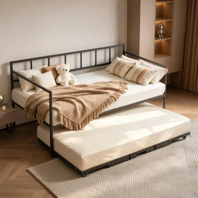 Image de VEVOR Lit coffre 2 en 1, support de lit de 180 kg, canapé-lit métallique, lit escamotable pour salon, chambre à coucher, chambre d'amis, pour 2 personnes, structure métallique, roulettes verrouillables, noir