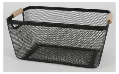 A black wire basket with wooden handles is shown against a white background.