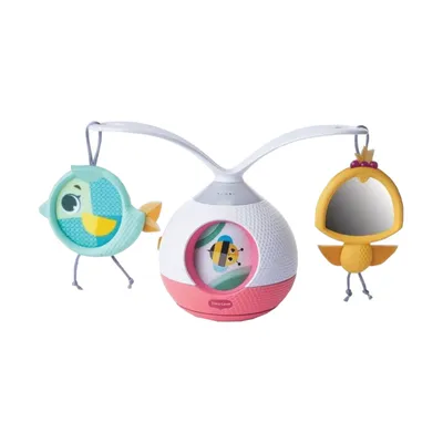 A baby mobile with two hanging bird toys and a central unit with a bee illustration.