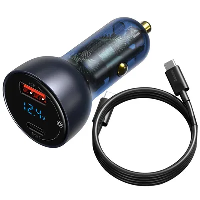 Immagine prodotto di Baseus Particolare caricatore da auto con display digitale, Usb + Usb-C, Qc3.0+Pd, 5A, 65W (Grigio) + cavo Usb-C 1M 100W (Nero)