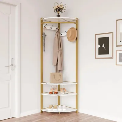 Produktbild von Eck-Garderobe - Garderobenständer mit Schuhbank - 6 Doppelhaken - Ablagen zur Aufbewahrung - Platzsparend für Flur/Eingang - Rot