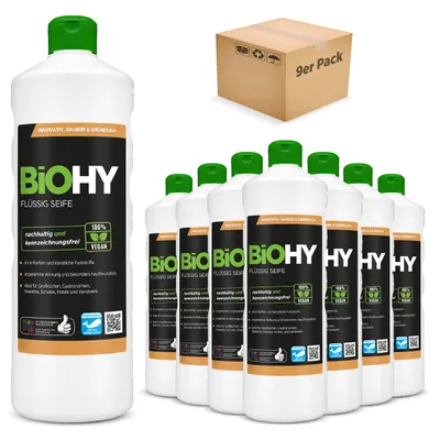 Produktbild von BiOHY Flüssig Seife, Flüssige Handseife, Gesichtsseife, Sensitive Waschlotion – 9er Pack (9 x 1 Liter Flasche)