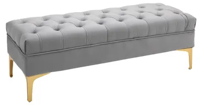 Image de Poef - Coffre de rangement - Pouf - Repose-pieds - Tabouret - Revêtement en velours - Gris clair - Avec espace de rangement