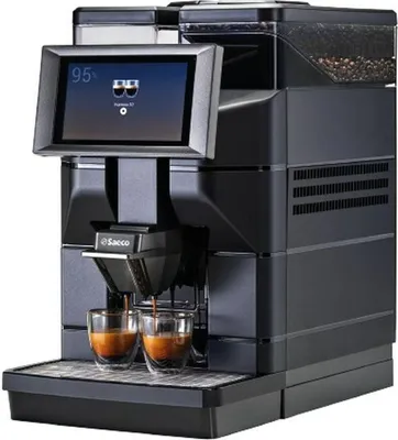 A black automatic coffee machine with a screen displaying coffee icons and a percentage.