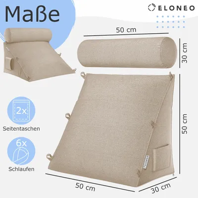 Productafbeelding van Rugkussen 50 cm, met nekkussenrol, voor bed, driehoekig leeskussen met wasbare hoes en zijvak