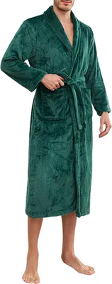 Produktbild von Herren-Winternachthemd, dicker Flanell, warm, enge Taille, mit Schnürgürtel, einfarbige Reverstaschen, gute Wasseraufnahme, mittellang, Homewear, Spa-Hotel-Bademantel