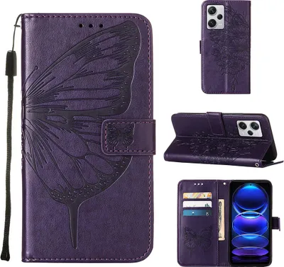 Produktbild von Lederhülle für Xiaomi Redmi Note 12 Pro+ Schmetterling Prägung Flip Ledertasche Kartenfächer Handyhülle mit Ständer Lila