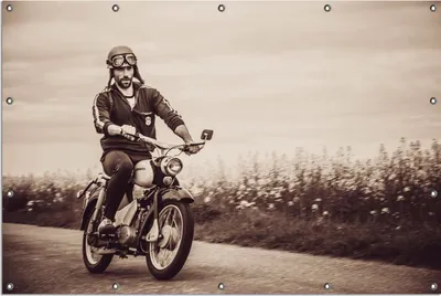 Produktbild von Wallario Outdoor-Poster für Garten oder Balkon, Motiv Simson Fahrer in der DDR in Sepiafarben, in ca. 120 x 180 cm