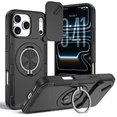 Produktbild von Magnetische Hülle für iPhone 17 Pro, Militär Stoßfest Handyhülle mit Kameraschutz und Ringhalter Ständer Schwarz