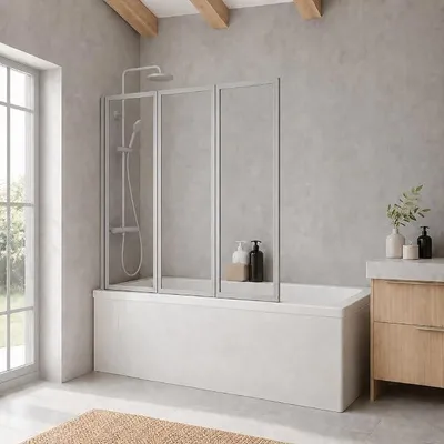 Produktbild von Duschwand für Badewanne Smart inkl, Klebe-Montage, 127 x 121 cm, 3-teilig faltbar, 3 mm Sicherheits-Glas klar, alu-natur, Duschabtrennung