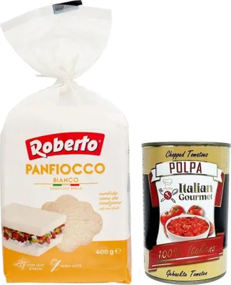 Produktbild von Roberto Panfiocco Bianco,Weiches Weißbrot Ohne Kruste,Krustenloses Brot,400g + Italian Gourmet Polpa di Pomodoro 400g Dose