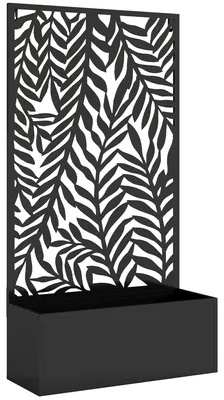 Produktbild von Blumenkasten mit Sichtschutz Pflanzkasten mit Rankgitter tropischen Blattmotiven 61 x 23 x 113 cm Schwarz