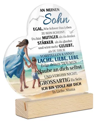 Immagine prodotto di Decorazione per tavolo a forma di cuore in acrilico con base in legno, ideale come regalo di compleanno per un figlio, realizzata in acrilico da 3 mm