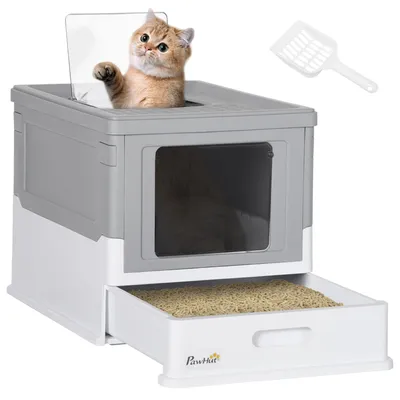 Productafbeelding van Kattenbak met drukknopsluiting, uitneembare bodemplaat inclusief schepje, kunststof, grijs