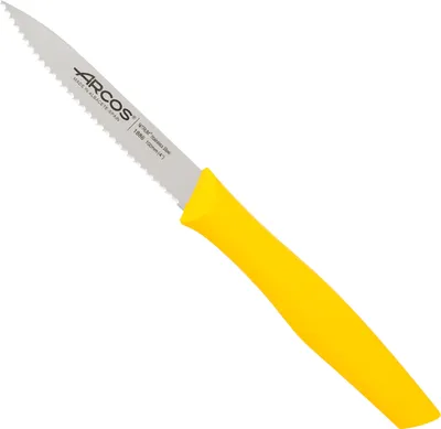 Image de Couteau Mondador Arcos Nova 188615 acier inoxydable Nitrum et mangue polypropylène, lame jaune de 10 cm dans un carton présentoir