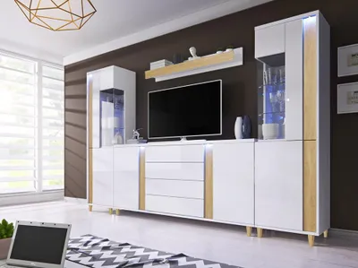 Produktbild von Wandschrank Marco 5 Wohnzimmermöbel Set + Led (Weiss/Eiche Wotan)