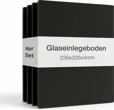Produktbild von K-Möbel 4er Set Glaseinlegeboden 326x236x4mm in Schwarz inkl Bodenträger 5mm und Abdeckkappen -  Germany - für 1 türige Standvitrinen