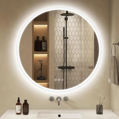 Image de Miroir de salle de bain rond avec éclairage, diamètre 80 cm, variateur d'intensité, anti-buée, Bluetooth, indice de protection IP44