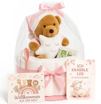 Produktbild von Windeltorte Mädchen in Rosa mit Kuscheltier - Handgemachtes Baby Geschenk