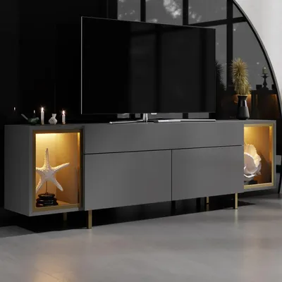 Obrázok produktu pre Skye Decor, moderný TV stolík v antracitovej a zlatej farbe, 180 x 55 x 32 cm | 100 % melamínom potiahnutá drevotriesková doska, hrúbka 18 mm | S osvetlením, diaľkovým ovládaním a možnosťou montáže na stenu | Elegantný dizajn