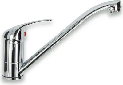 A chrome kitchen faucet on a white background.