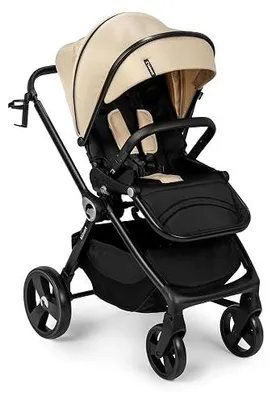 Imagen del producto de Cochecito para bebés Isbjörn, apto desde el nacimiento hasta 22 kg, plegable con función de reclinación, asiento reversible, ruedas grandes de EVA con suspensión en las cuatro ruedas, respaldo ajustable, color beige