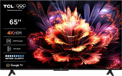 A TCL television displaying a vibrant, abstract floral image, with feature callouts on the left side.