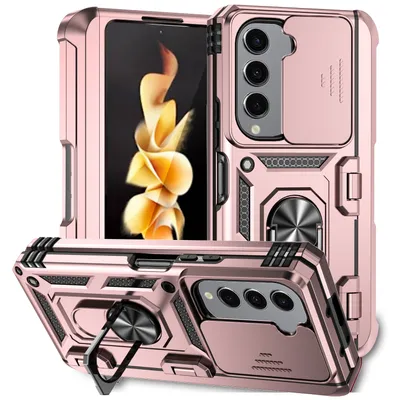 Immagine prodotto di Custodia per Samsung Galaxy Z Fold 5 a doppio strato con copertura scorrevole della fotocamera e supporto ad anello Oro rosa