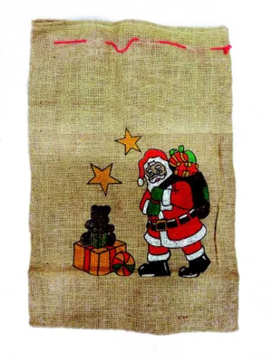 A Christmas sack with a drawing of Santa Claus, presents, and stars.