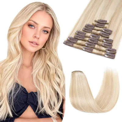 Immagine prodotto di Clip-in per extension di capelli naturali, 8 pezzi, 35 cm, colore #18/613, tecnica balayage, biondo, trecce sottili
