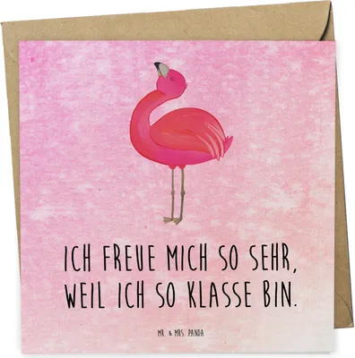 Produktbild von Mr. & Mrs. Panda Deluxe Karte Flamingo Stolz - Aquarell Pink - Geschenk, doppelkarte, Glückwunschkarte, anlasskarte, Freude, Freundin, Klappkarte, Rosa, Selbstliebe