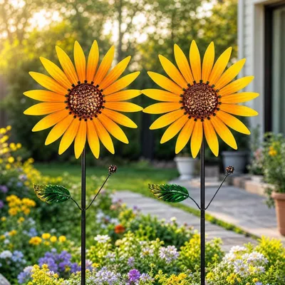 Produktbild von 2er Set Garten Windrad Sonnenblume 95cm Metall mit 25.5cm Ø Gelb