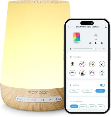 Zdjęcie produktu dla Momcozy – Urządzenie do generowania dźwięków dla dzieci – urządzenie emitujące biały szum z funkcją nocnej lampki – urządzenie wspomagające zasypianie dla maluchów – 34 relaksujące dźwięki – timer – aplikacja