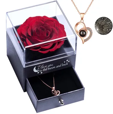 Echte konservierte Rose mit Liebeskette in 100 Sprachen, Geschenkbox, rot